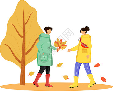穿着雨衣的人扁平的颜色矢量不露面的角色 穿着靴子的白种人夫妇 秋天的性质 下雨天 男性与生活在手孤立的卡通插图在白色背景插画