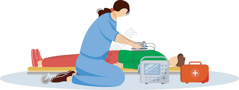 担架抬病人急救医生用除颤器平面它制作图案急救插画