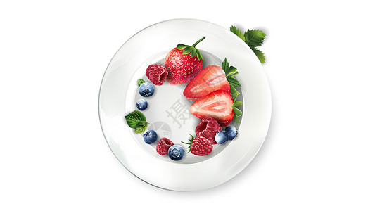 甜草莓和蓝莓白盘上浆果草莓覆盆子和蓝莓的组合物插画