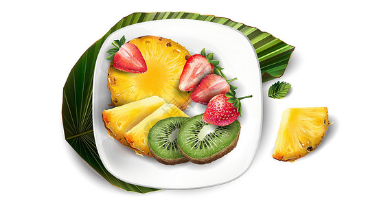 凤梨草莓菠萝 和草莓在白板和叶子上的成分美食浆果盘子餐厅凤梨广告食物水果饮食营养插画