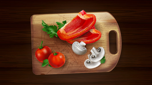 香菇片切板上的胡椒片 蘑菇和西红柿插画