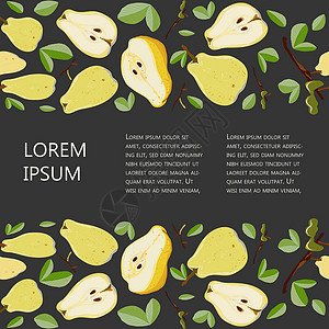 整个和切片的梨子无缝水平边框 在黑色上复制空间矢量图解段落措辞插图剪贴簿作品叶子食物水果饮食种子背景图片