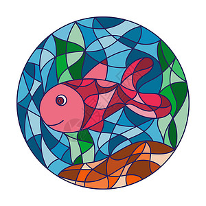 彩色尖嘴条纹鱼带有抽象鱼的彩色玻璃风格插图 和 Window 图像插画
