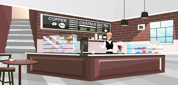 面包店服务员咖啡店内部平面矢量图 提供饮料卡通人物的女咖啡师 时尚的内饰 配有复古砖墙和木制家具 站在柜台的咖啡馆员工插画