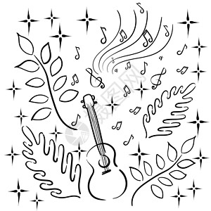 音乐爱好  音乐演奏乐器夏威夷吉他尤克里里琴弦琴星星插图草图树叶植物黑与白旋律舞蹈绘画设计图片