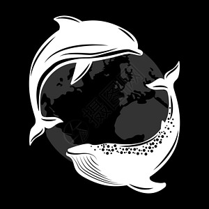 鲸鱼矢量图地球背景下的海豚和鲸鱼 矢量图平面样式生态世界行星哺乳动物标识海洋绘画动物插图动物群设计图片