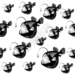 琵琶鱼 鲇鱼 隔离在白色 水下世界 黑与白 无缝模式背景图片