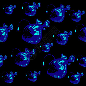 琵琶鱼 鲇鱼 隔离在白色 水下世界 无缝模式 以蓝色调发光背景图片