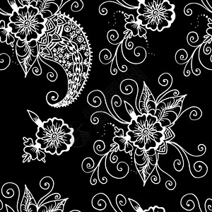 梅亨迪鲜花和佩斯利 抽象的线性绘图 无缝模式 黑色背景上的白色插画
