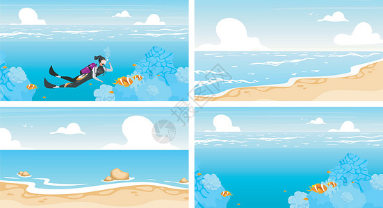 加勒比海滩潜水平面矢量插图集 水下游泳女运动员 深海潜水 海洋野生动物壁纸 户外运动 暑假 极限运动 卡通人物潜水员女士风景海岸活动肾上腺插画