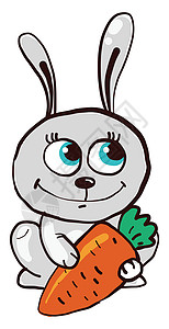 带胡萝卜的快乐兔子 插图 白色树丛上的矢量背景图片