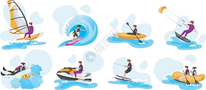 滑水板极限水上运动平面矢量插图集 冲浪独木舟皮划艇 水肺潜水 滑水运动员 风筝冲浪运动员 夫妇在船上 体育人孤立的卡通人物排球风筝娱乐插画