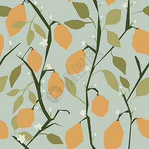 多边形柠檬和花低 pol 的无缝模式插图花朵图案柠檬织物三角形维生素白色自然黄色插画