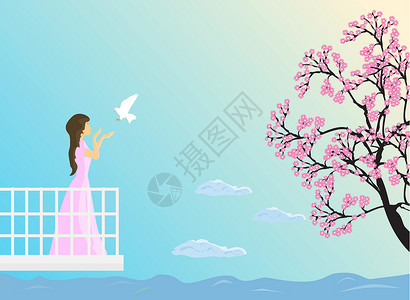 树和鸽子素材姑娘站在阳台上——伸手等着接飞鸽 以樱花和天空为背景插画