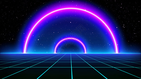 复古科幻背景 80 年代的未来主义景观 数字网络表面 适合 1980 年代风格的设计数据技术电脑游戏紫色激光背景图片