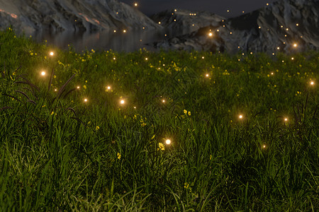 飞虫在草地上飞行 3D投影萤火虫风景草原季节农村环境花园土地渲染辉光背景图片