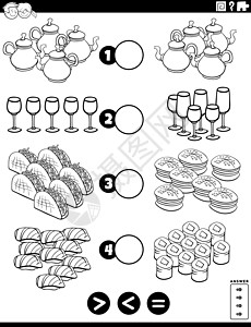 幼儿园大素材更大或更小与食物对象的游戏彩色书页设计图片
