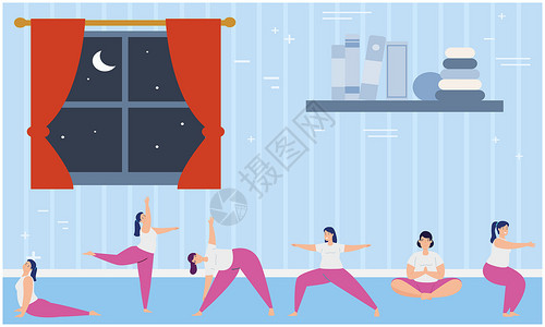 运动瑜伽海报女孩在清晨的房间里 展示了不同的瑜伽模式男人运动姿势卡通片男性健身房女性海报训练重力背景