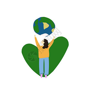 孩子地球女孩伸手拿起地球仪拥抱他 环境日 环保 手绘风格的矢量图解插画