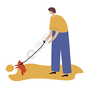 牵着狗散步的人 宠物收容所服务的矢量插图 海报小册子横幅传单网络广告的设计模板 男人玩做背景图片