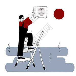 红色空调空调安装工或修理工 活梯的一个快乐的修理工 手绘风格的矢量图解插画
