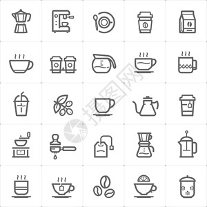 锅边糊图标集-白色背景上的咖啡和茶轮廓描边矢量插图插画