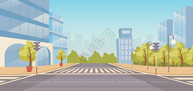 中心公路城市街道平面矢量图 没有人的城市景观插画