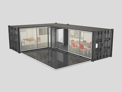 3d 零星灰色变形旧海运集装箱说明进口栅栏商业盒子建筑学送货货运房子船运绿色背景图片