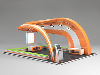 3d 设计有桌椅 信息板和滚动的具有独特创意的展览展台营销横幅海报展示插图站立嘲笑柜台摊位房间背景图片