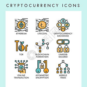 区块链币图标概念说明交易树木编队链接交换速度安全技术数据插画