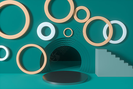 圆形背景 卡通房间 3d渲染抛光商业脚步漩涡气泡建筑盘子圆圈插图框架背景图片