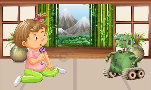 玩树叶的小女孩可爱的小女孩在她家里玩玩具机器人游戏房间童年插图女孩孩子回收旅行石头地面公园插画