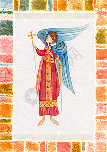 守护天使的插图蓝色大天使白色法衣偶像图像学星星棕色长袍紫色背景图片