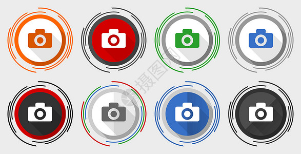 文字照片相机矢量图标集现代设计平面图形在 8 个选项中用于网页设计和移动应用程序插画