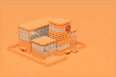 具有橙色背景 抽象概念 3d 渲染的医院模型插图救护车橙子财产建筑建筑学药品情况保健公寓背景图片