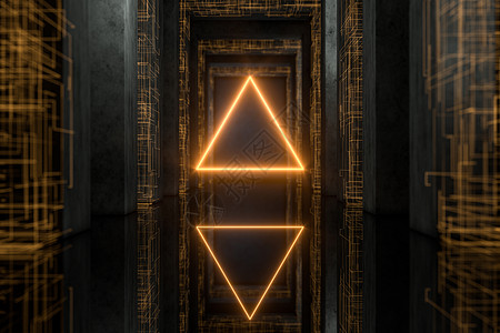 黑暗 tunnel3d 渲染中的发光几何线金字塔框架孤独金子电路墙壁建筑学走廊冒险科学背景图片