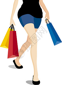 正在走路的女人白色背景 v 上提着彩色购物袋走路的女人设计图片