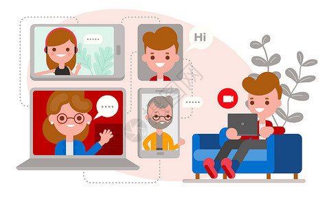 家庭通话坐在沙发上的放松男人使用视频通话应用程序与他的朋友和家人聊天插画