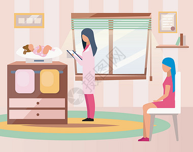 儿童保育服务平面矢量图 医生检查婴儿卡通人物 年轻的母亲带着刚出生的女儿去看儿科医生 治疗师在体重秤上控制孩子的体重插画