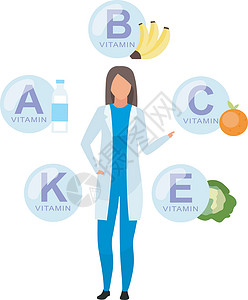 医生解释维生素来源平面矢量图 提供新鲜水果蔬菜的营养师 促进乳制品消费的营养师在白色背景下孤立卡通人物背景图片