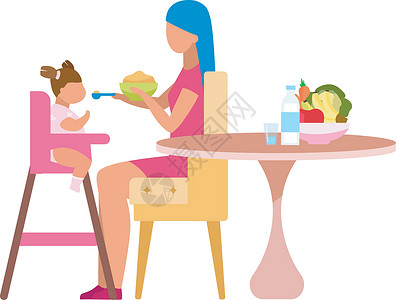 2岁宝宝母亲喂养婴儿平面矢量图 小孩子的健康配料在白色背景下孤立卡通人物 水果蔬菜奶制品中的儿童均衡营养插画