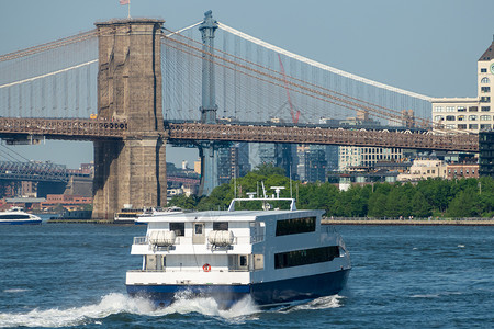 史公桥纽约市市中心渡轮直升机观光地标旅行码头天际蓝色建筑天线城市背景