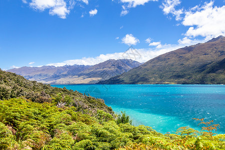 玛戈湖Wanaka湖新西兰南部岛屿旅游全景反射草地爬坡天线蓝色天空海岸旅行背景