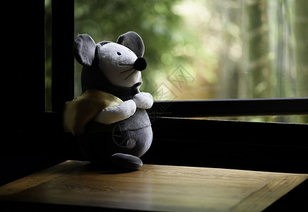 米奇老鼠泰迪老鼠站在卧室的木板上 呆在家里礼物窗户乡愁婴儿友谊孤独桌子艺术背景毛皮背景