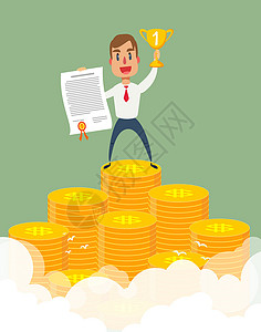 一堆证书商务人士站在一大堆硬币上投资优胜者金子庆典锦标赛成功员工商务领导者财富设计图片