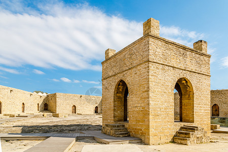 古老的阿塔什加古石碑寺庙 索罗亚斯德防火场历史历史性建筑学地标宗教石头精神传统神社火焰背景图片