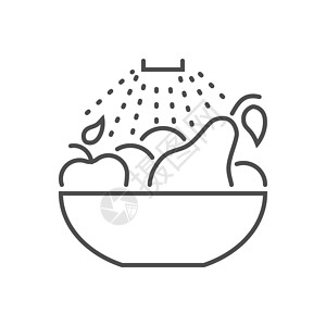 不干净食物洗水果相关矢量细线图标卫生插图肥皂安全危害细菌蔬菜感染生物疾病插画