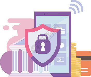 锁钱移动银行安全平面插图 高保护金融交易卡通概念 电子钱包银行应用程序 白色背景上的智能手机安全和数据安全隔离隐喻插画