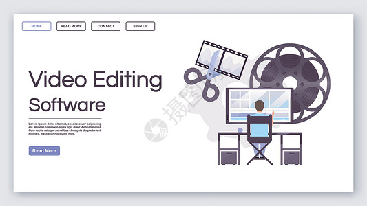 电影网站视频编辑软件登陆页面矢量模板 带有平面插图的后期制作网站界面理念 电视工程主页布局 网页横幅网页卡通概念插画