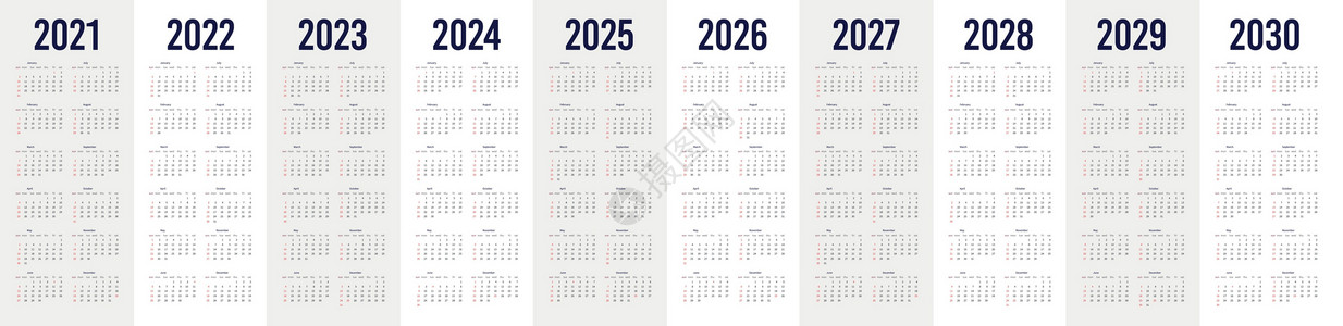 设定为 2021 - 2030 年的简单日历 简单的可编辑垂直矢量卡背景图片